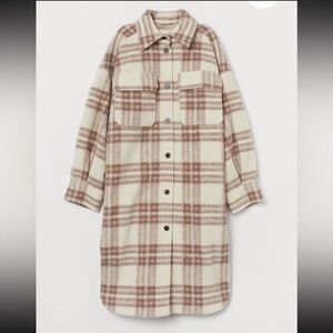 H&M Cream and Brown Plaid Long Shacket Coat